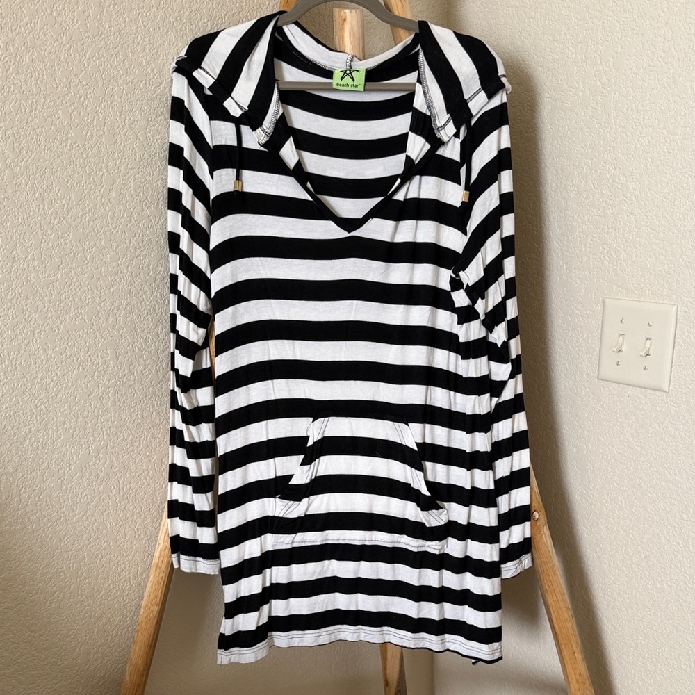 Striped Black & White Hooded Swim Coverup - Picture 1 of 3